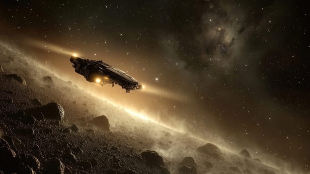 A futuristic spaceship navigates through a dense asteroid belt, illuminated by distant stars and a hazy galaxy background. The scene captures the vastness of space at twilight.