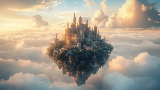 A majestic castle floats above the clouds during sunrise, bathed in golden light. The enchanting structure gives a fairytale feel, enhancing the dreamlike landscape.