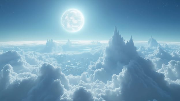 The expansive view showcases towering, jagged clouds bathed in moonlight beneath a bright, full moon. The serene blue atmosphere evokes a sense of calm and wonder in the night sky.