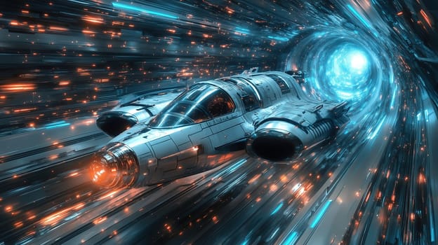 A sleek, advanced spaceship speeds through a luminous wormhole, surrounded by vibrant streams of light. The scene captures the thrill of space exploration and the mysteries of the universe.