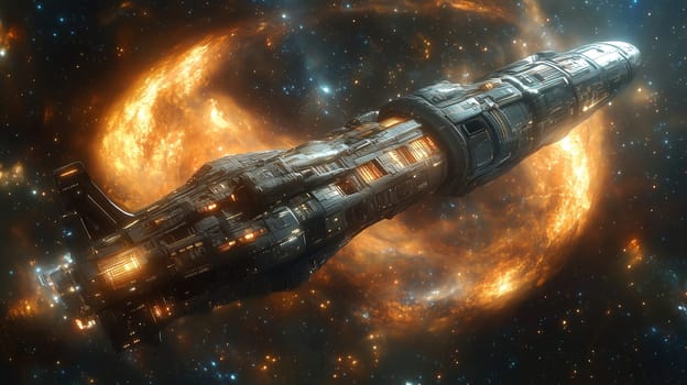 The sleek spaceship glides through deep space, illuminated by glowing lights, while vibrant clouds of gas and dust create an awe-inspiring nebula around it, showcasing the beauty of the cosmos.