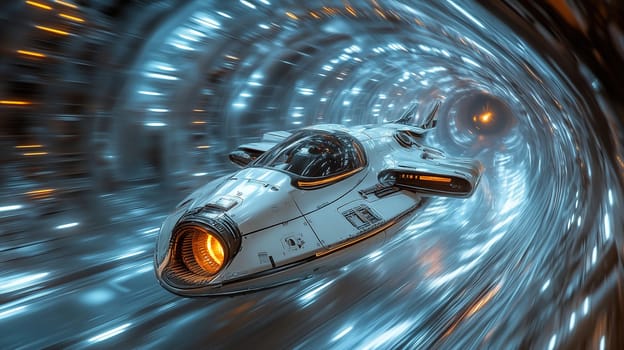 The sleek spaceship races through a vibrant wormhole, illuminated by swirling lights. This exciting journey highlights the marvels of space exploration and future travel.