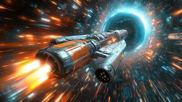 A sleek spacecraft propels itself through a colorful wormhole, surrounded by swirling lights and energy, exploring the mysteries of the universe.