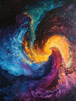 Swirls of vibrant colors intertwine, showcasing cosmic blues, fiery oranges, and deep purples. The artwork evokes the essence of a galaxy in motion, creating a captivating visual experience.