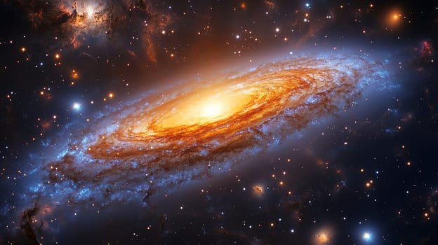 The spiral galaxy radiates warm hues of orange and blue, with its bright core illuminated amidst a backdrop of distant stars and cosmic dust in the vast universe.