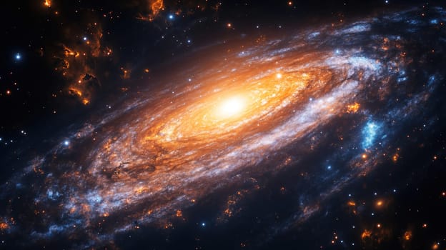 A striking spiral galaxy glows with brilliant hues of orange and blue amidst a backdrop of dark cosmic space, showcasing celestial beauty and star formation amid swirling dust.