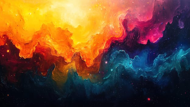 This artwork showcases a vibrant cosmic abstract design with swirling hues of orange, pink, and blue, creating a captivating visual experience. The colors blend seamlessly, evoking feelings of wonder.