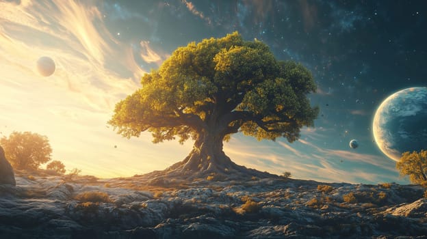 A grand tree rises from rugged rocks, illuminated by the warm glow of sunset, surrounded by a vibrant sky and distant planets in a surreal landscape.
