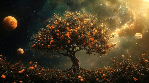 Beneath a star-filled sky, a bright orange tree stands proud, surrounded by blooming flowers, with planets floating nearby, creating a mesmerizing cosmic scene.