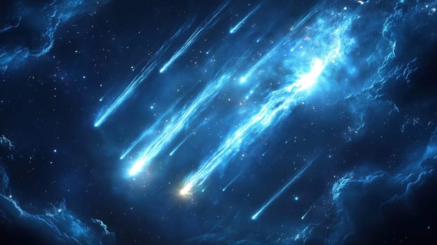 Bright shooting stars streak across a dark cosmic background, surrounded by swirling blue nebulae and shining stars. The beauty of the universe is vividly captured in this celestial scene.