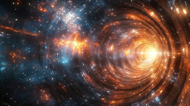 The artwork captures a mesmerizing cosmic vortex filled with vibrant orange and blue hues, creating a dynamic atmosphere that evokes interstellar travel. Stars twinkle in the background.