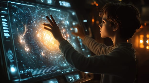 A young child engages with a glowing interactive console, discovering the wonders of the galaxy. The room is dimly lit, creating a magical atmosphere.