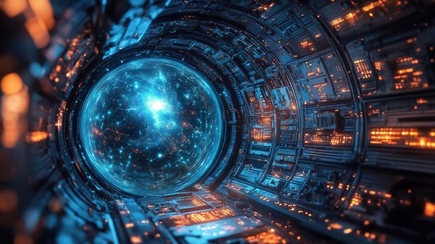 A captivating view of a glowing tunnel filled with intricate circuitry, leading to a shimmering cosmic portal illuminated by bright stars. Advanced technology enhances the ethereal atmosphere.