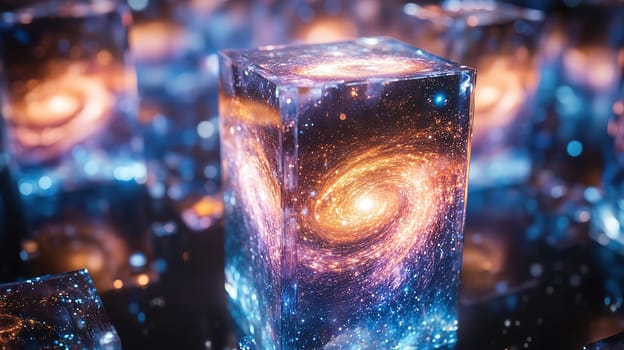 A collection of transparent cubes displays swirling galaxies and bright stars, creating a captivating cosmic experience with vibrant hues and intricate patterns throughout.