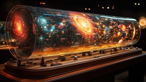 A stunning cosmic model illustrates galaxies and celestial events in a museum. Visitors admire the intricate details as lights create an immersive atmosphere, inviting exploration of the universe.