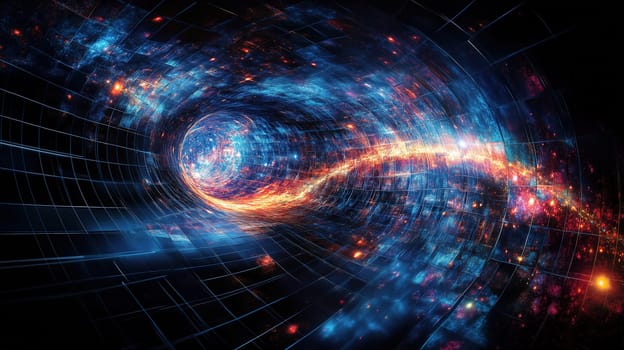 This artwork illustrates a mesmerizing cosmic wormhole filled with vivid blues, oranges, and twinkling stars, showcasing the beauty of deep space and the possibilities of interstellar travel.