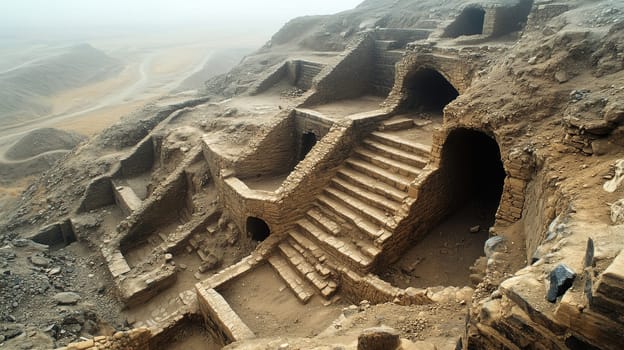 The structure features carved stone stairs and archways, nestled in a dry and rugged terrain. The overcast sky adds a mysterious atmosphere to the ancient site.