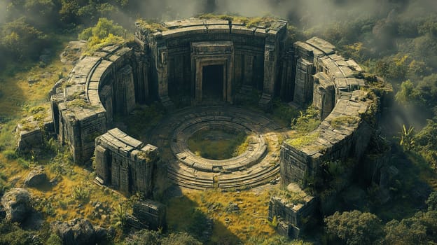 A magnificent set of ancient ruins stands in a circular formation, enveloped by dense foliage and mist. The architecture showcases intricate stonework, indicating a rich historical significance.