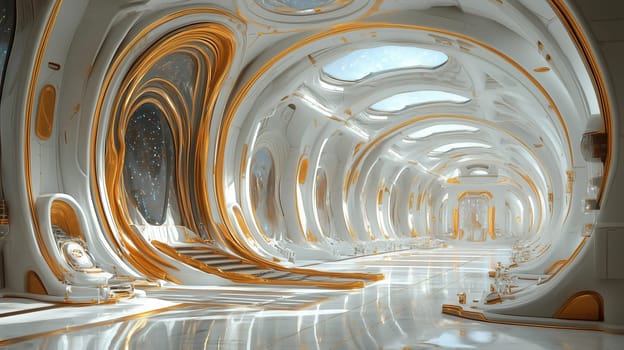 An expansive and bright room features smooth, flowing lines and elegant curves, bathed in natural light. Celestial views add a cosmic ambiance to the unique architecture.