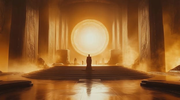 A solemn figure sits in quiet reflection at the base of a grand staircase within a stunning golden temple. A vibrant sun illuminates the space, enhancing its transcendental beauty.
