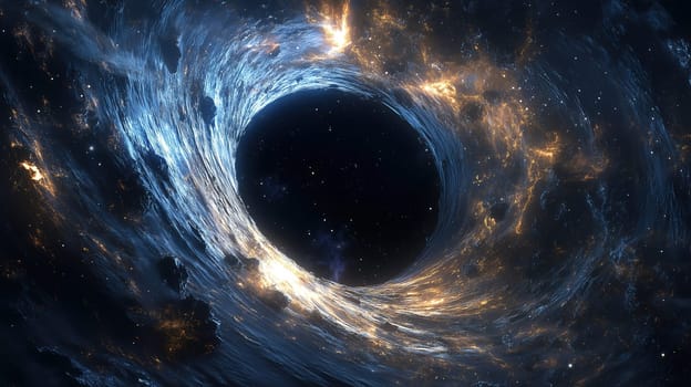 A vibrant black hole draws in surrounding cosmic gas and dust, creating a mesmerizing swirl of colors and light in the vastness of outer space.