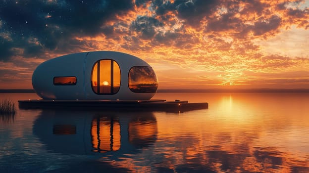 A futuristic house sits on a platform by a serene lake, glowing orange from the sunset. The sky is filled with vibrant clouds, creating a peaceful atmosphere at dusk.