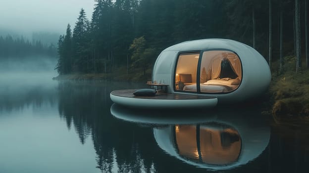 A modern pod cabin floats on a serene lake, reflecting the lush trees and fog. The interior glows warmly, inviting guests to relax and enjoy nature's tranquility.