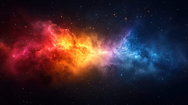 A stunning display of cosmic colors emerges from a swirling cloud in space, showcasing vibrant oranges, reds, blues, and purples illuminated by distant stars.