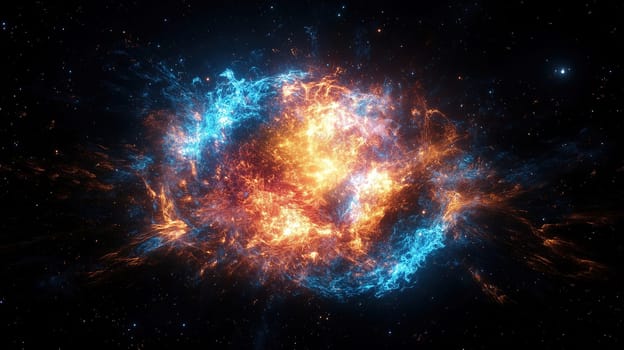 A brilliant cosmic explosion unfolds in the vastness of space, showcasing fiery orange and electric blue colors swirling together, creating a stunning celestial display.