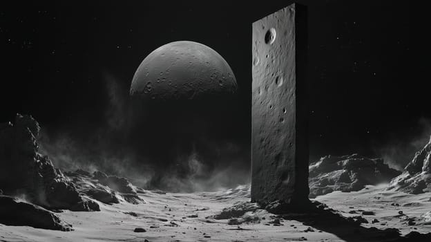A tall, rectangular monolith rises from the moon's dusty terrain, surrounded by rocky formations and a serene atmosphere. A large planet looms in the sky, creating a surreal landscape.