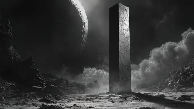 A tall, dark monolith rises from the barren ground of an alien terrain, surrounded by mist and clouds, illuminated by a distant celestial body. The atmosphere is eerie and otherworldly.