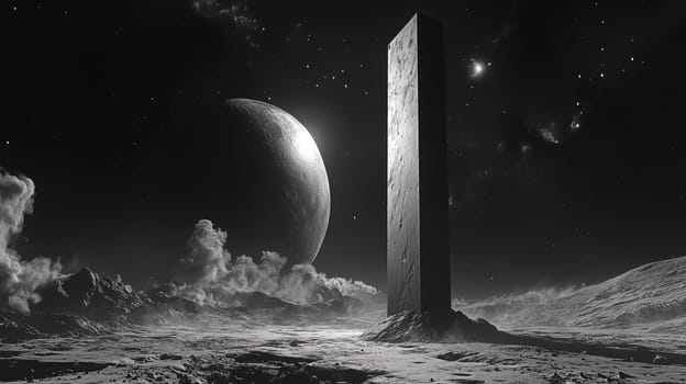 A massive monolith rises from the lunar surface, illuminated by soft light. Nearby, a large planet looms in the background, surrounded by wispy clouds in a tranquil cosmic environment.