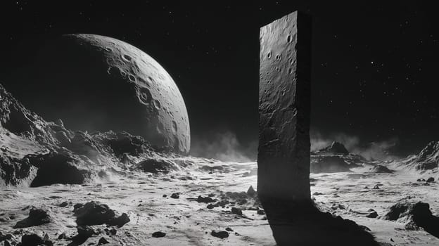 A tall, rectangular monolith stands alone on the barren lunar landscape. The surface is rugged and rocky, while a large moon looms in the background, illuminating the night sky.