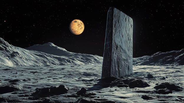 A towering monolith stands on the lunar surface, bathed in soft light from a nearby celestial body, creating an otherworldly atmosphere under the night sky.