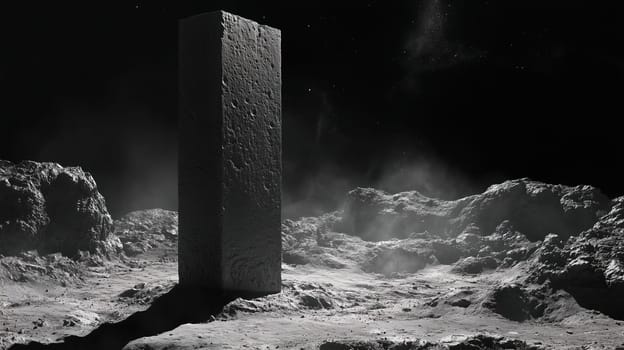 A tall, dark monolith rises from a dusty, cratered lunar surface, surrounded by fine particles. The sky is dotted with bright stars, creating a surreal atmosphere.