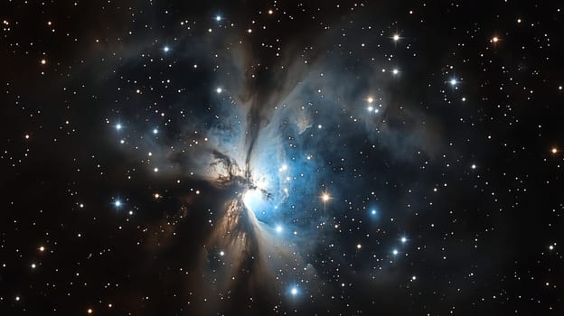 A vibrant nebula with blue hues and scattered bright stars creates a breathtaking view of the cosmos, showcasing the beauty of deep space. The tranquility of the night sky enhances the scene.