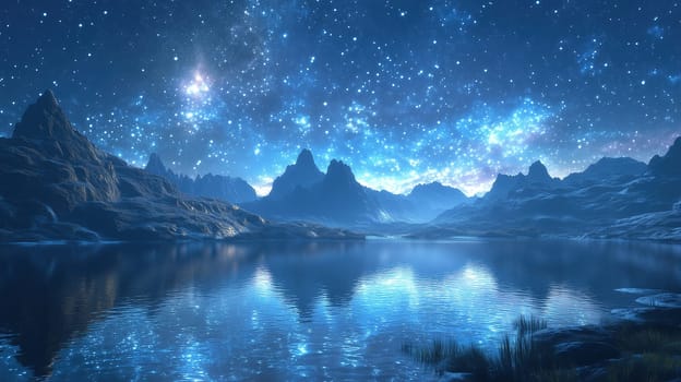 The breathtaking view showcases a tranquil lake surrounded by majestic mountains under a star-filled sky during twilight. The reflections create a mesmerizing scene.