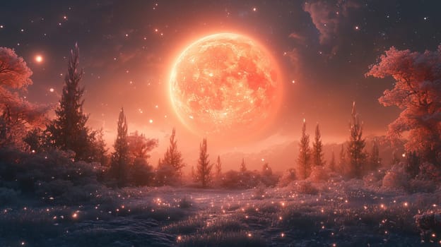 The scene features a large, glowing moon at sunset, casting warm light over a tranquil landscape of trees and shimmering foliage. The serene setting evokes a sense of wonder.