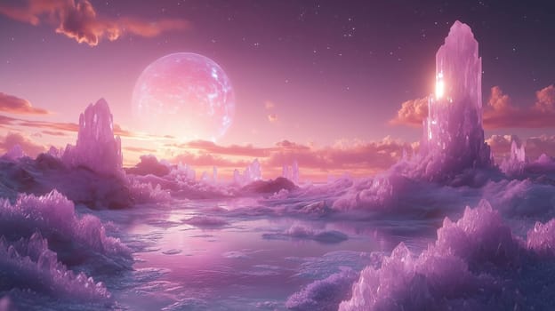 Twilight casts a magical glow over a surreal landscape filled with towering crystal formations. A distant planet glimmers as it reflects on the serene water below, creating a tranquil atmosphere.