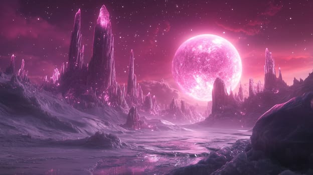 In a mystical realm, towering pink crystal formations rise against a twilight sky, illuminated by a large glowing moon reflecting on a serene landscape.