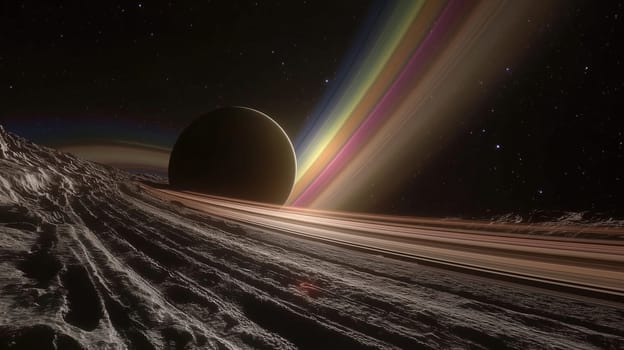 The image reveals a breathtaking perspective of Saturn's magnificent rings and dark atmosphere as seen from one of its nearby moons during twilight hours, illuminating the surroundings beautifully.