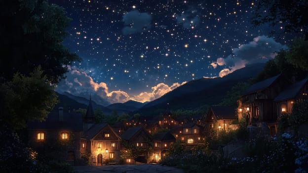 The village glows softly with warm lights from windows, surrounded by lush trees and mountains, as countless stars twinkle above in the clear night sky.