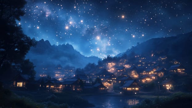The tranquil village comes alive at night, with warm lights illuminating traditional houses, while the starry sky creates a magical atmosphere over the mountains and water below.