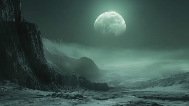 A vast lunar landscape is illuminated by a bright, glowing moon. The fog rolls over rocky formations, creating an eerie and enchanting atmosphere at night.