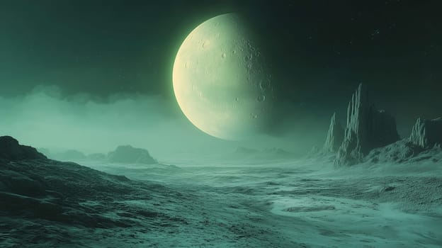 The alien landscape features rugged rock formations under a glowing moon. The atmosphere is foggy, creating an otherworldly ambiance as night envelops the scene.