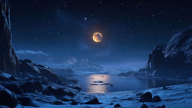 A tranquil scene unfolds at night, featuring a bright moon illuminating calm waters. The rocky landscape creates a peaceful atmosphere with glittering stars above.