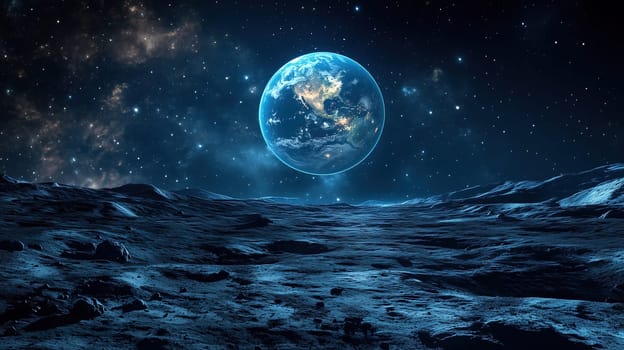The lunar surface is illuminated by distant stars while Earth appears vibrant in the sky, showcasing its blue and green hues during a tranquil night.