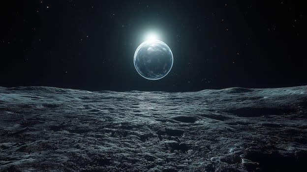 A stunning perspective shows Earth emerging over the horizon of the Moon, illuminated by the soft glow of dawn. The lunar landscape features craters and rocky terrain under a vast starry sky.