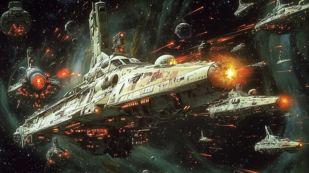 In the depths of space, various spacecraft engage in an intense battle, firing weapons and dodging debris in a vibrant cosmic environment, highlighting the chaos and action of intergalactic conflict.