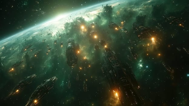 A captivating view of interstellar space filled with glowing spacecraft navigating through vibrant cosmic nebulae. The scene captures the awe of deep space exploration.
